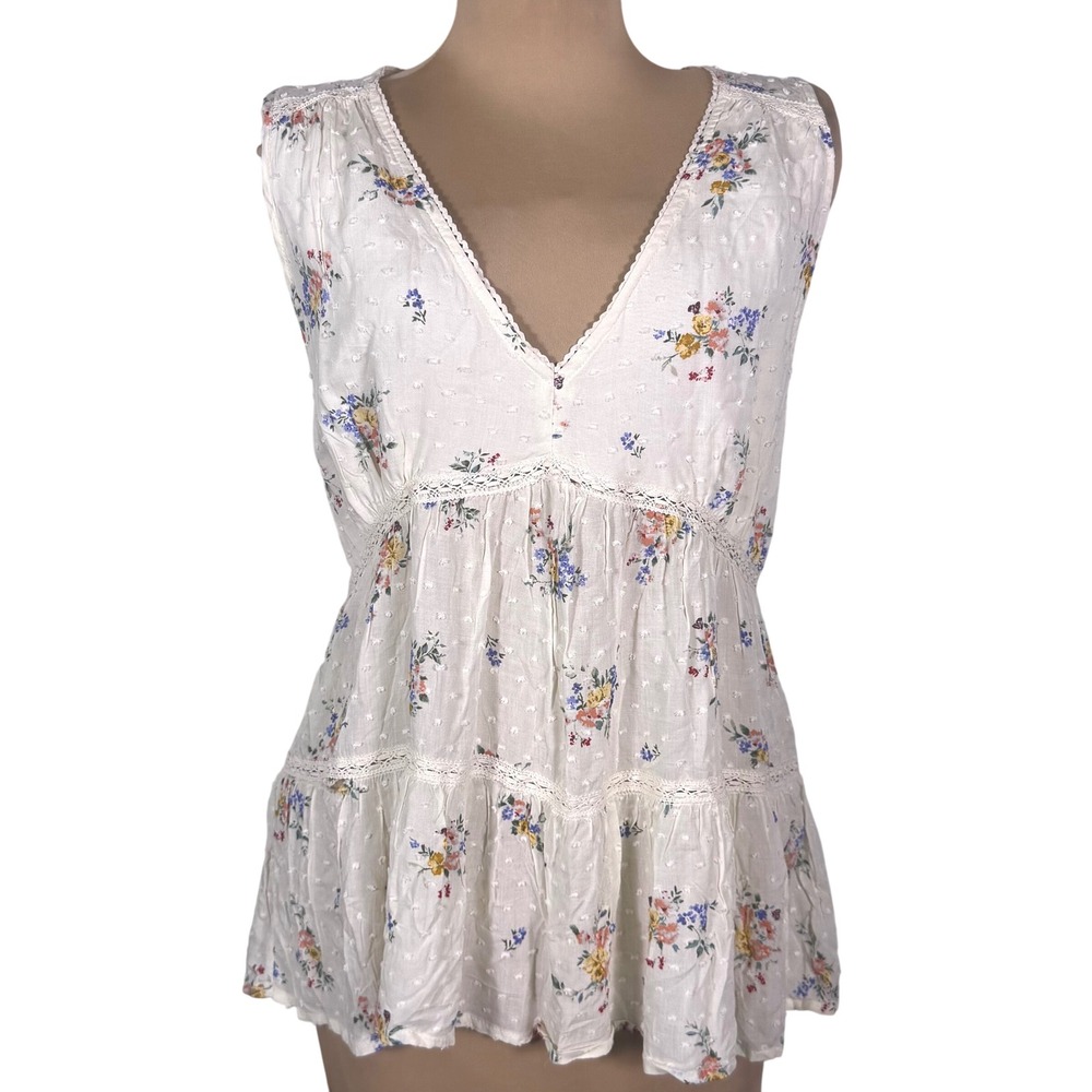Rewind Babydoll Floral Print V Neck Peplum‎ Tiered Lace Top Milkmaid Coquette L